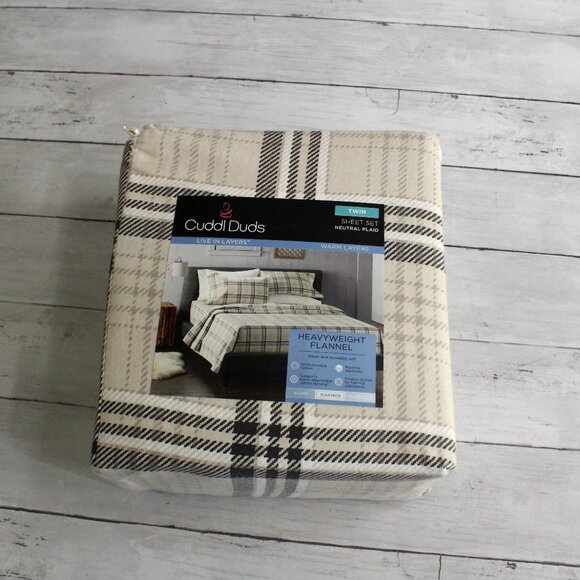 Cuddl Duds Heavyweight Flannel Sheet Set Twin Size 100% Cotton Tan Black Plaid - Picture 1 of 5